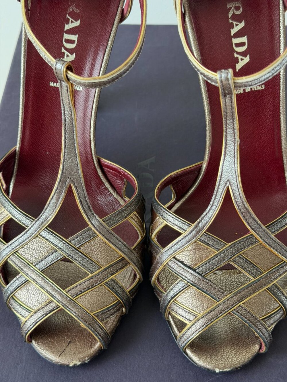 Vintage Prada T-Strap Mixed Metallic Weave Heels / Size 7.5 - Picture 5 of 7